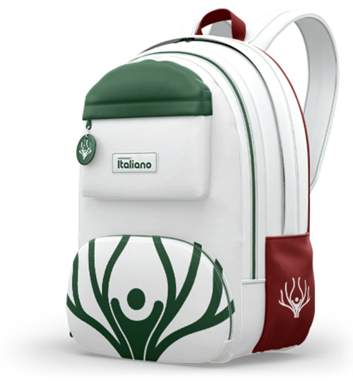 Mochila branca com detalhes verde e vermelho